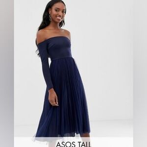 ASOS Design Tall Scuba Bardot Pleated Midi Dress in Navy, Size 16 Tall